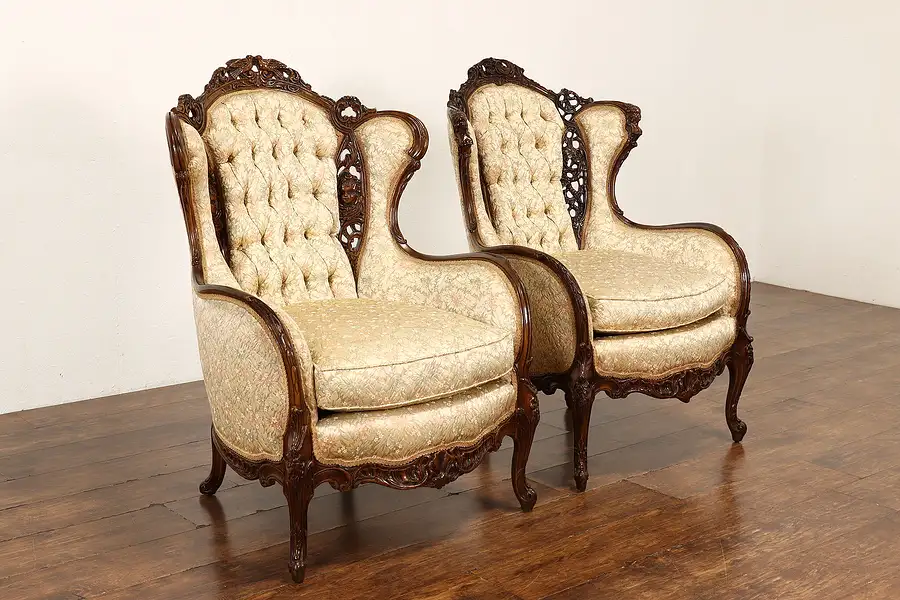 Main image of Pair of French Vintage Music Room Wing Chairs Carved Cherubs, Instruments