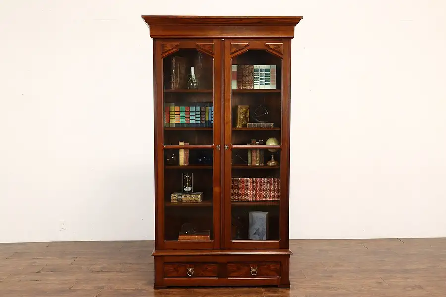 Main image of Victorian Antique Walnut & Burl Office or Library Bookcase, Wavy Glass