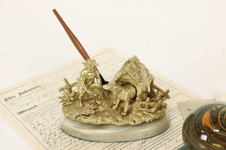 Main image of Farmhouse Antique Brass & Onyx Inkwell with Penholder, Girl & Dog