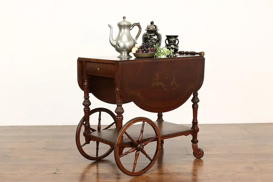 Main image of Traditional Antique Walnut Rolling Bar or Tea Cart, Drop Leaves