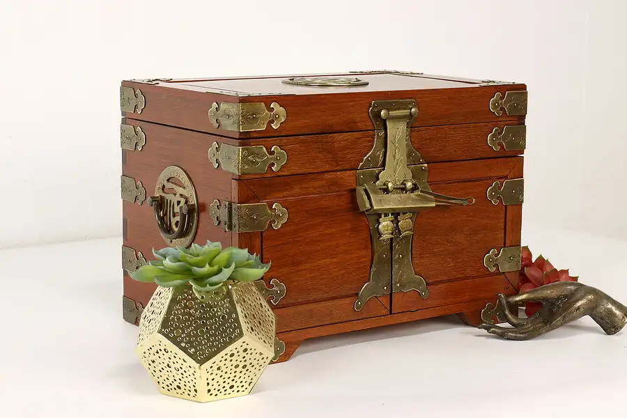 Main image of Chinese Vintage Rosewood & Brass Jewelry or Keepsake Chest, Padlock