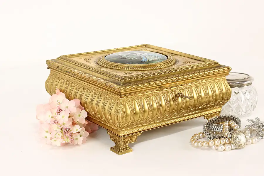 Main image of French Antique Gilt Bronze & Enamel Jewelry or Keepsake Box, France