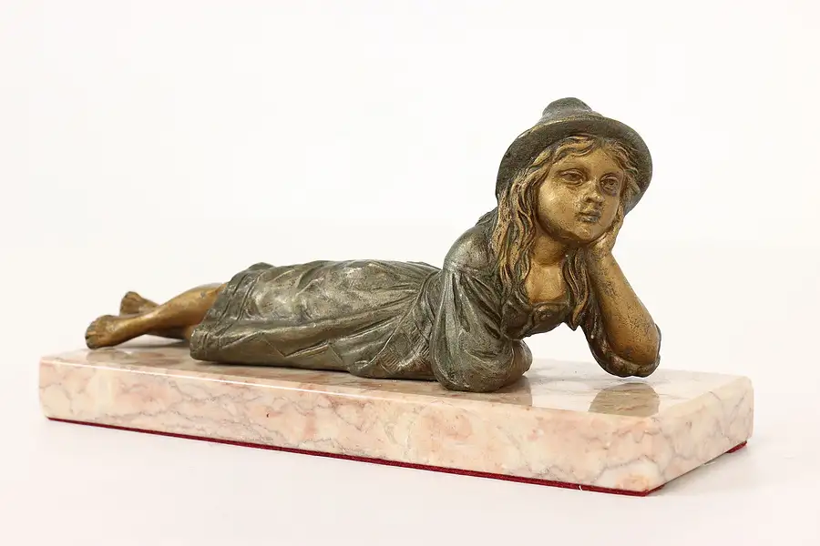 Main image of Young Woman Relaxing Sculpture Antique Statue, Marble Base