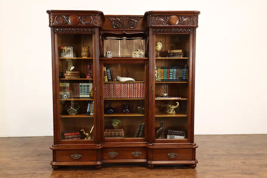 Main image of Victorian Antique Carved Oak Triple Office or Library Bookcase Wavy Glass