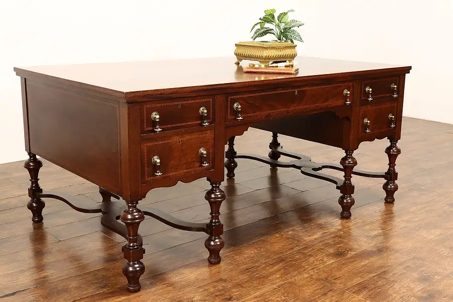 Main image of Tudor Antique Banded Mahogany Office or Library Partner Desk, Orinoco