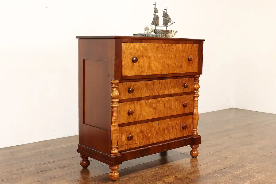 Main image of Empire 1840s Antique Cherry & Curly Maple Dresser or Chest