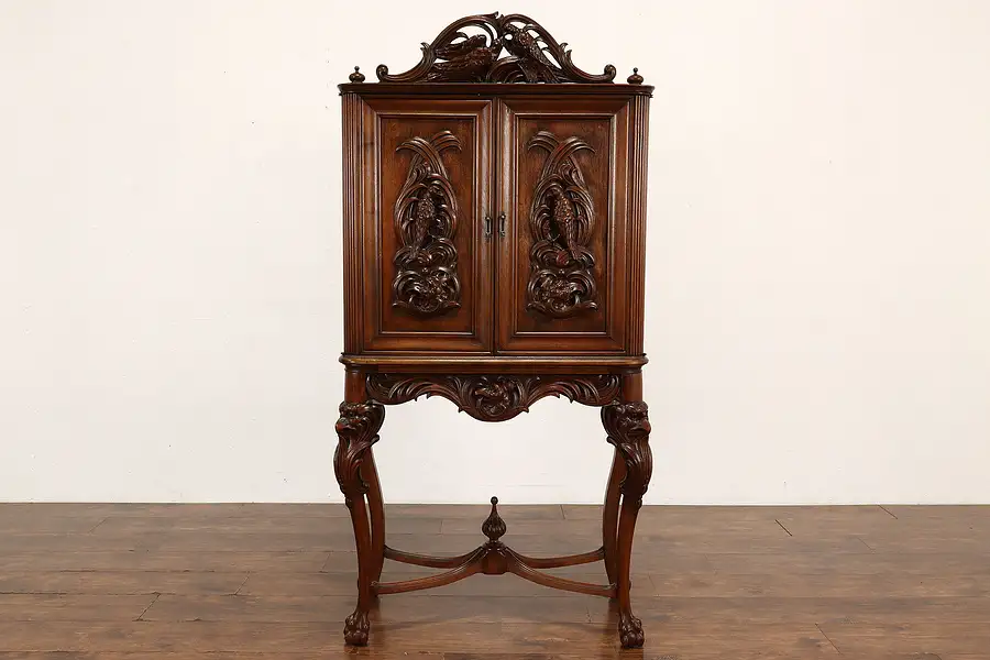 Main image of Renaissance Antique Bar or China Cabinet or Cupboard, Carved Parrots