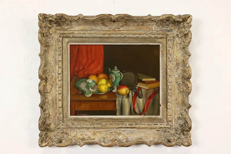 Main image of Still Life of Fruit & Books Antique Original Oil Painting, Frost 16"