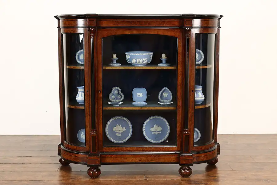 Main image of English Victorian Antique Walnut Burl Curved Glass Curio Display Cabinet