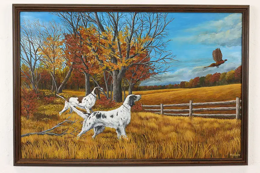 Main image of Hunting Dogs & Pheasant Vintage Original Oil Painting Otum 38.5"