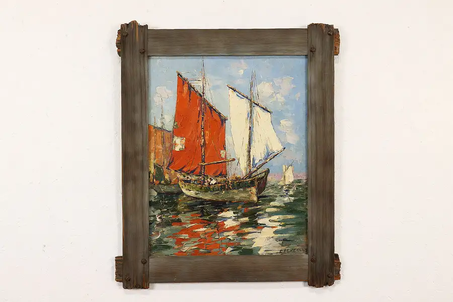 Main image of Sailing Ships at Sea Vintage Original Oil Painting, Ferenczy 30.5"