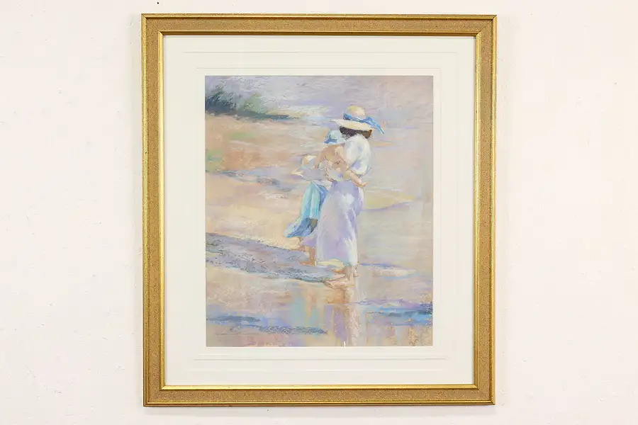 Main image of Mother & Children on Beach Vintage Original Pastel Painting Solarz 27.5"