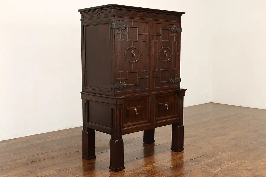 Main image of Tudor Antique Carved Walnut Secretary Desk, Bar or Wine Cabinet