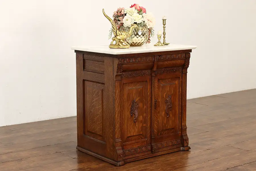 Main image of Victorian Antique Oak Bar Cabinet, Small Chest, Bath Vanity, Marble Top