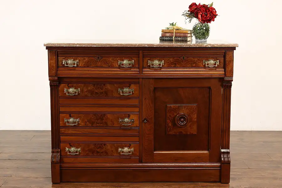 Main image of Victorian Eastlake Antique Walnut Burl Sideboard, Bar Cabinet, Marble Top