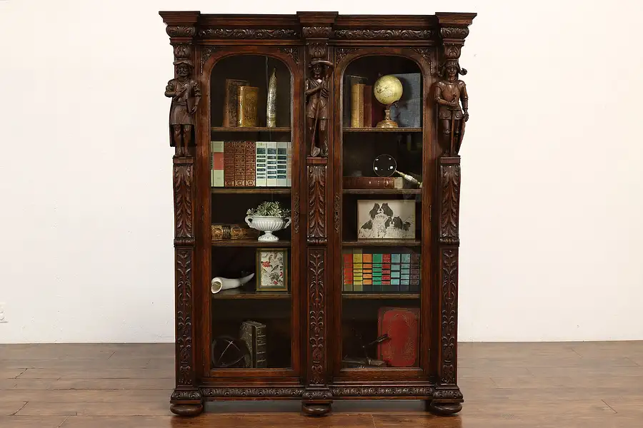 Main image of Renaissance Carved Antique Bookcase, Display Cabinet, Figures