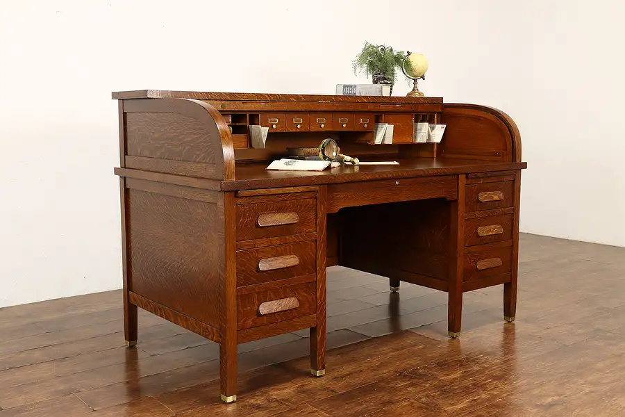 Main image of Traditional Antique Oak Roll Top 66" Office or Library Desk, Clemco