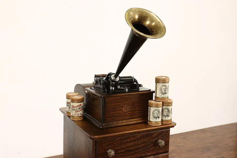 Main image of Edison Antique Oak Standard Gem Phonograph, Brass Horn, Cylinder Records