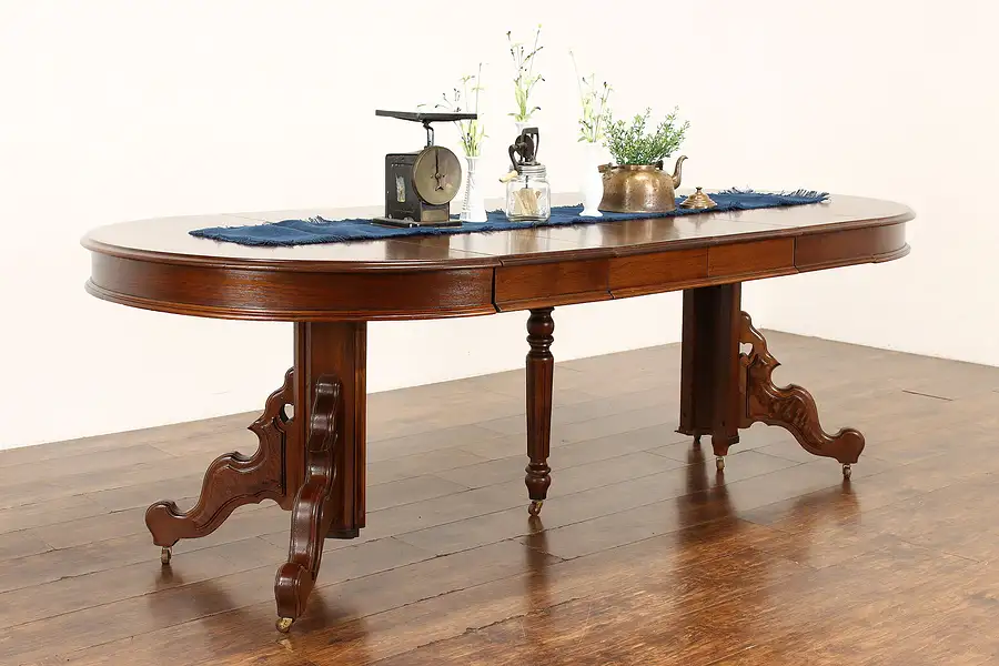 Main image of Victorian Antique Round 43" Walnut Dining Table, 4 Leaves, Extends 7.5'