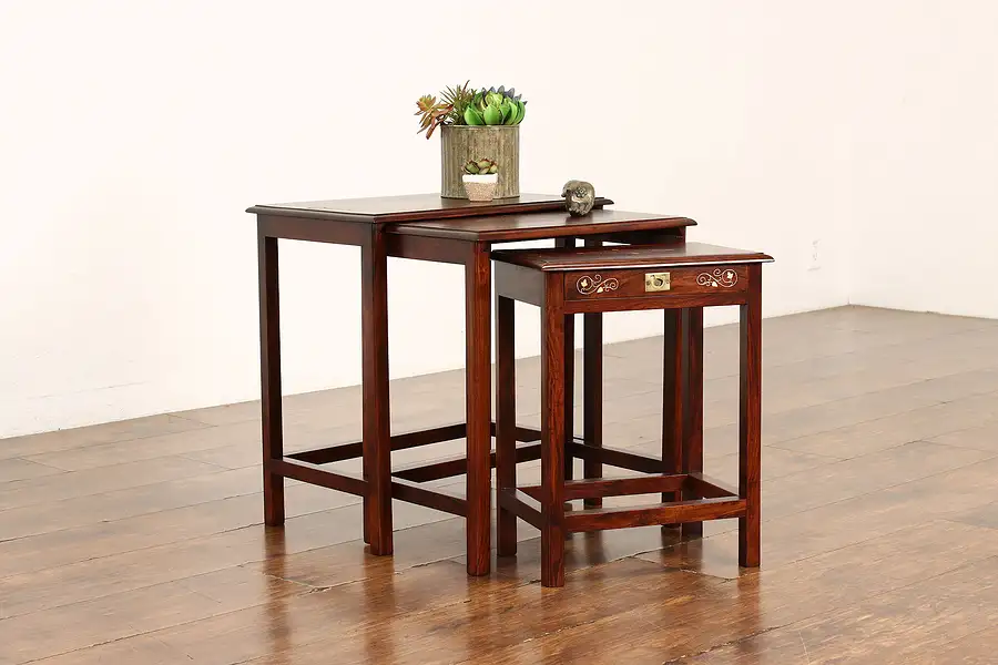 Main image of Set of 3 Vintage Rosewood & Brass Inlay Indian Nesting Tables