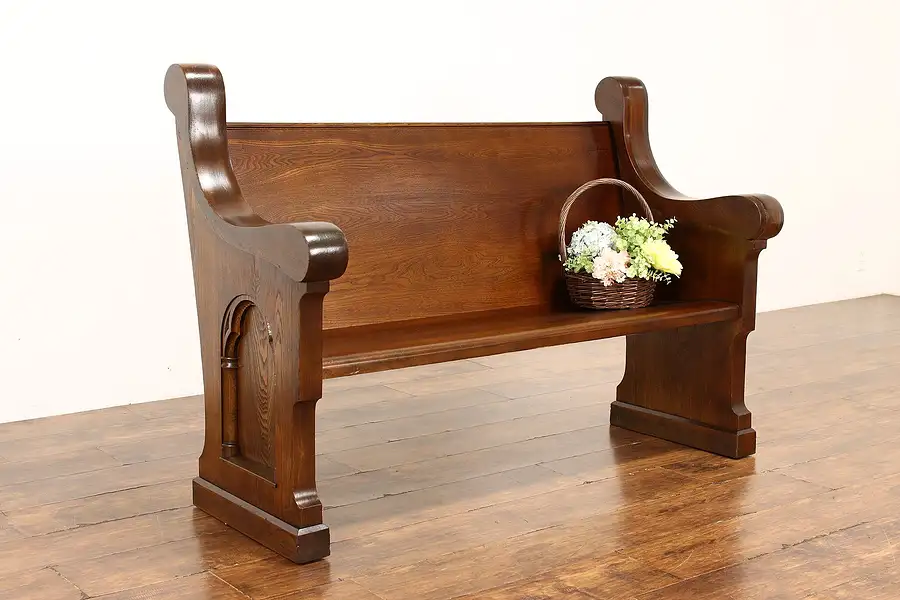 Main image of Gothic Carved Antique Oak & Ash Church Pew or Hall Bench