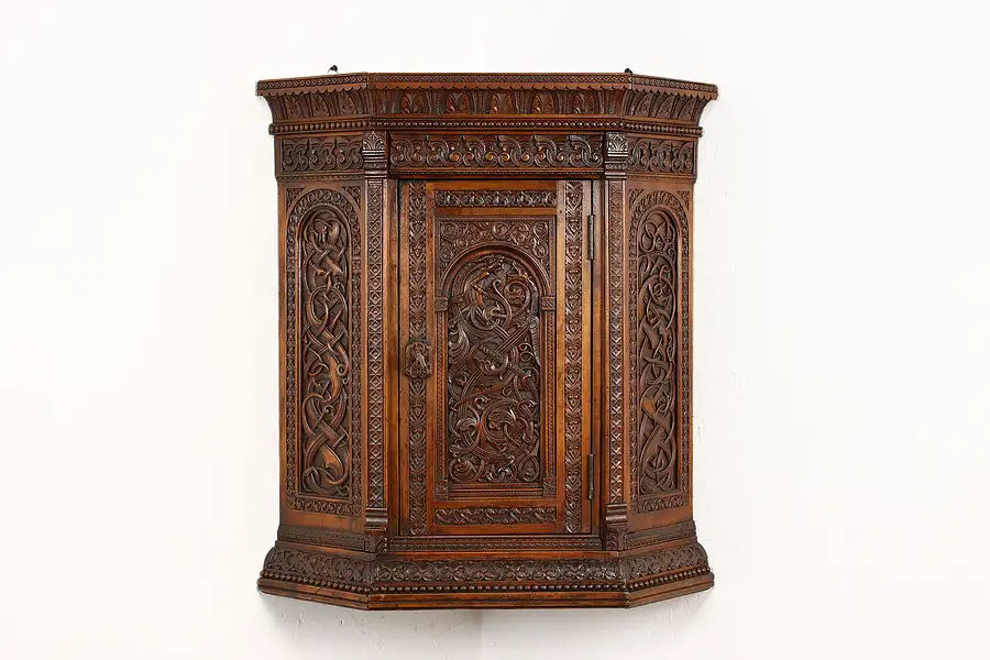 Main image of Renaissance Antique English Corner Cabinet, Carved Sorcerer & Dragons