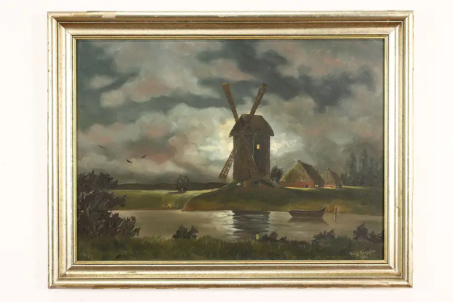 Main image of Village Windmill At Night Vintage Original Oil Painting, 1952 Koczyba 25"