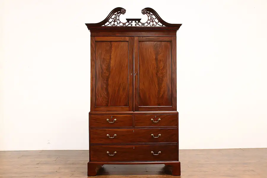 Main image of Georgian Antique Flame Grain Mahogany Armoire, Wardrobe or Linen Press