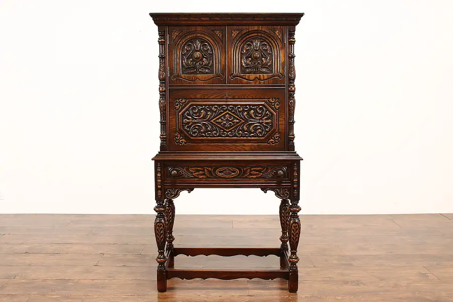 Main image of English Tudor Carved Oak Antique Drop Front Secretary or Hall Desk