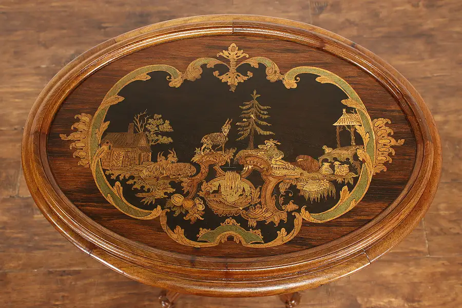 Main image of Black Forest Marquetry Victorian Antique Oval Carved Walnut Parlor Table