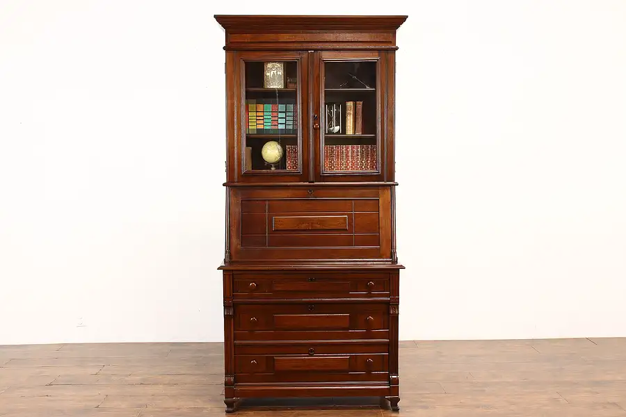 Main image of Victorian Eastlake Antique Walnut Drop Front Secretary Desk & Bookcase