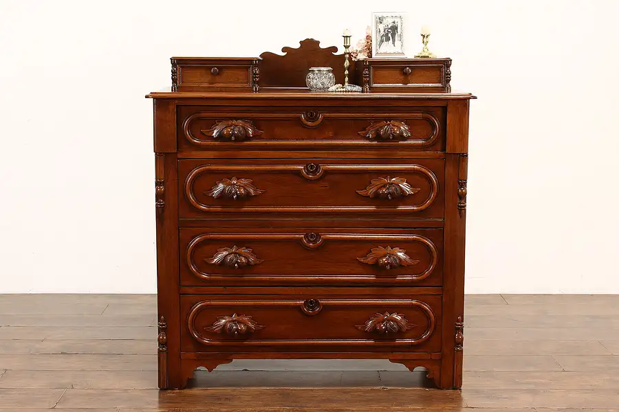 Main image of Victorian Walnut Antique Chest or Dresser, Jewelry Drawers & Carved Pulls