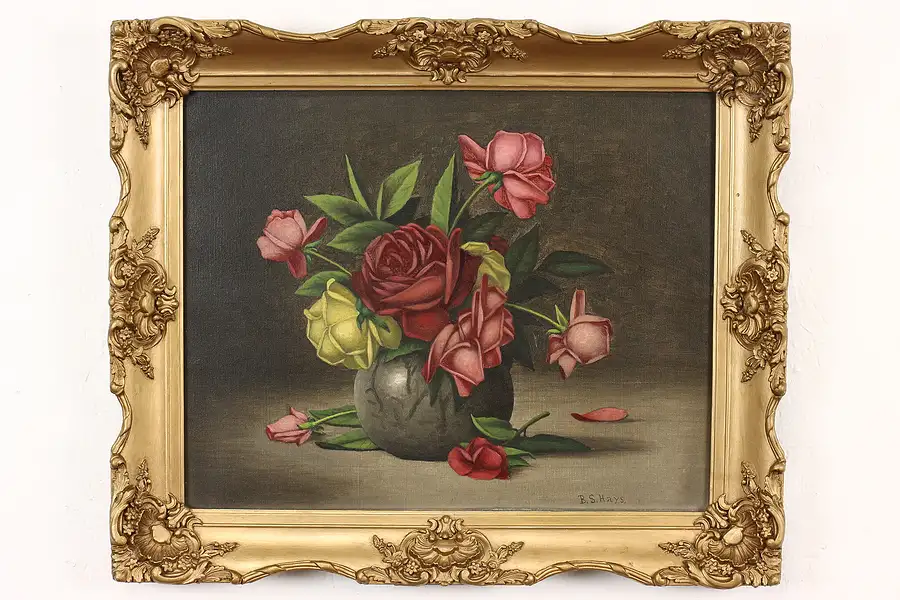 Main image of Victorian Antique Still Life Roses Original Oil Painting, B. S Hayes 25"