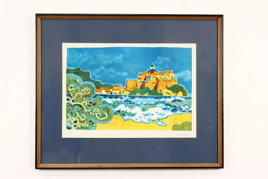 Main image of Ocean Island with Village Vintage Original Lithograph, Guy Charon 28"