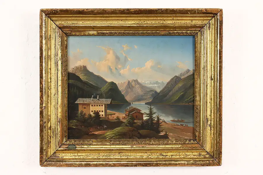 Main image of Lake Achen Tyrol Austria Antique Original Oil Painting 1647 Signed 16.5"