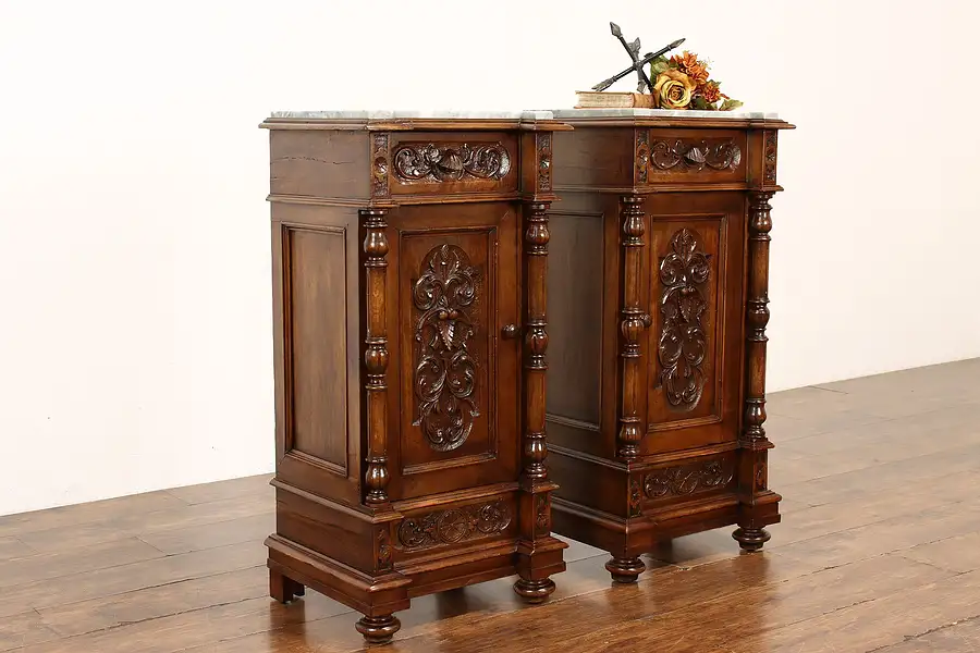 Main image of Pair of Italian Antique Walnut Nightstands or End Tables, Marble Tops