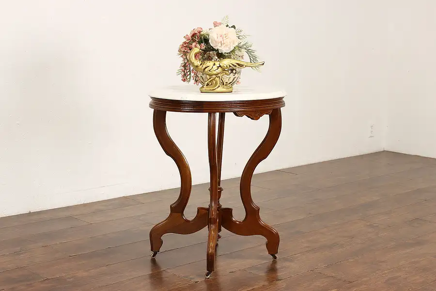 Main image of Victorian Antique Carved Walnut Parlor or Lamp Table, Marble Top