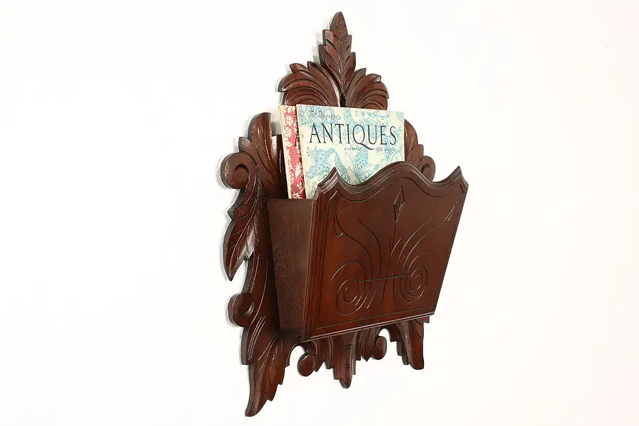 Main image of Victorian Antique Carved Walnut Wall Pocket or Hanging Magazine Rack