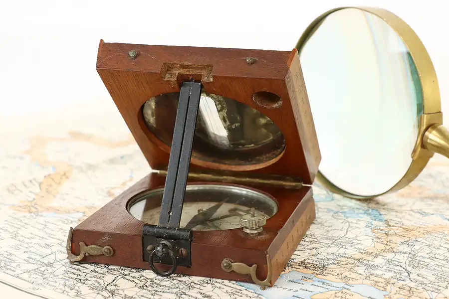 Main image of Boussole Alidade Antique Walnut & Brass French Folding Sighting Compass