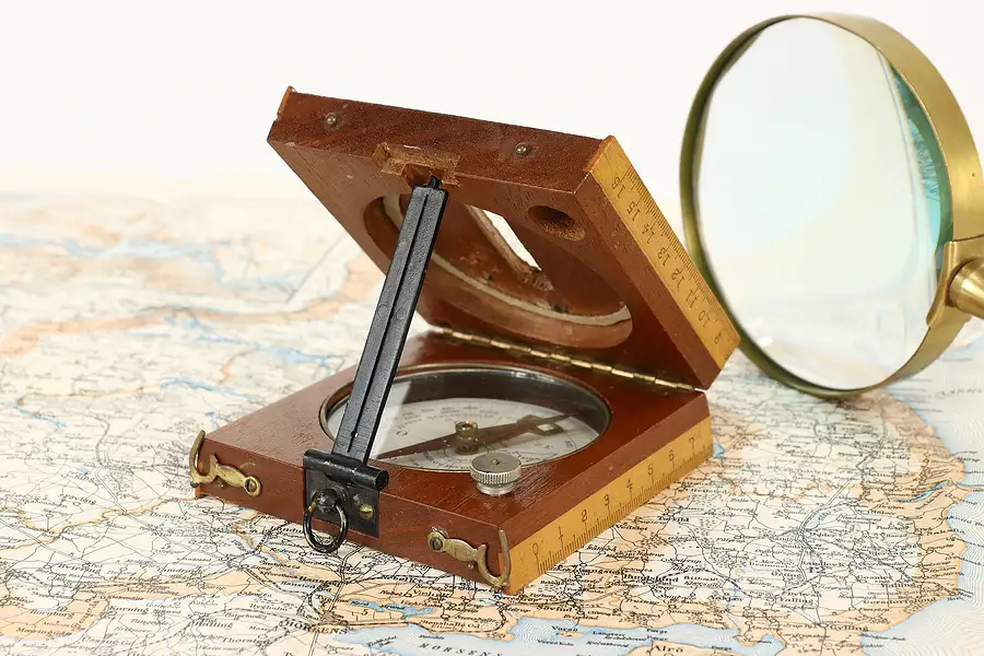 Main image of Boussole Alidade Antique Walnut & Brass French Folding Sighting Compass