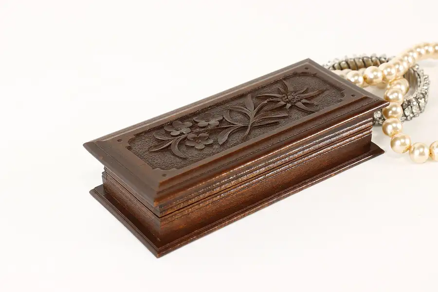 Main image of Swiss Black Forest Vintage Folk Art Jewelry Box, Hand Carved Flowers