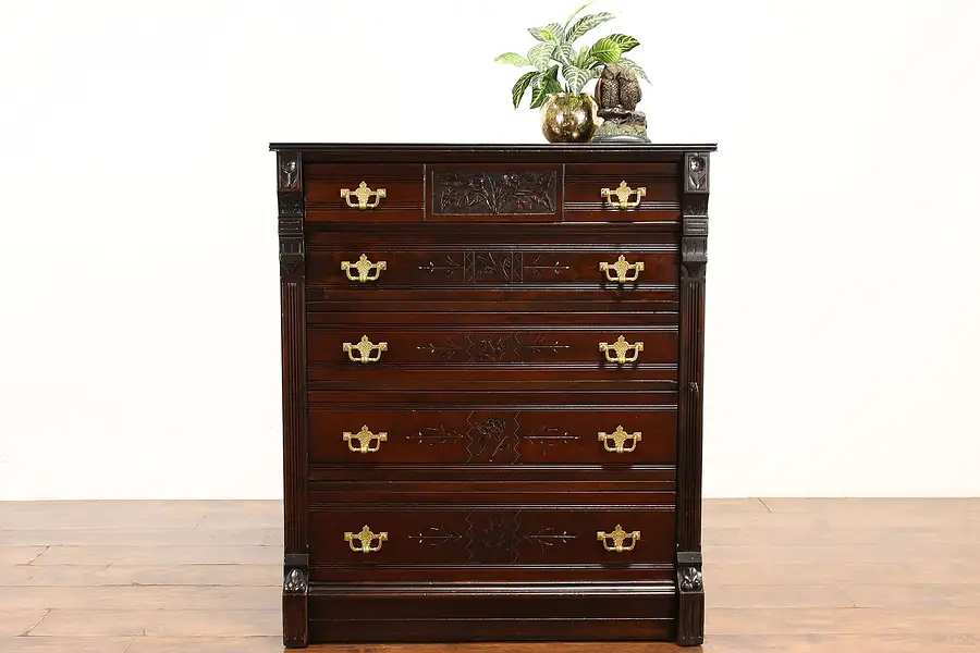 Main image of Victorian Eastlake Antique Cherry Sidelock Tall Chest or Dresser