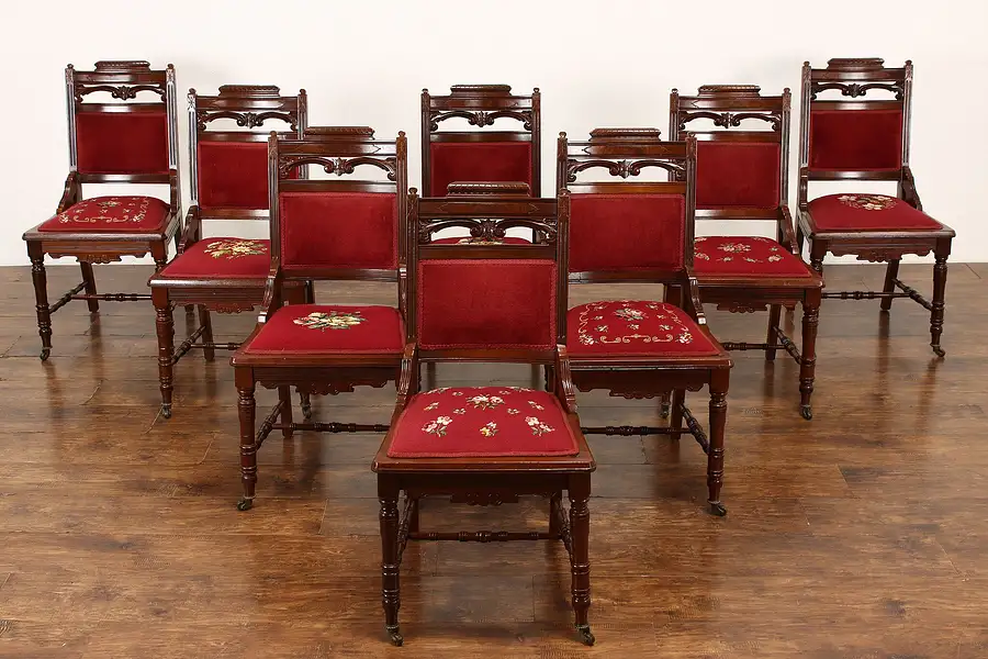 Main image of Set of 8 Victorian Eastlake Antique Walnut & Needlepoint Dining Chairs