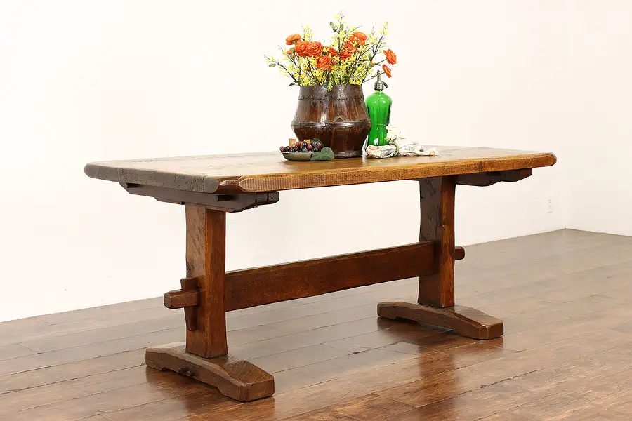 Main image of Farmhouse Vintage Hand Hewn Oak Trestle Dining, Kitchen, or Library Table