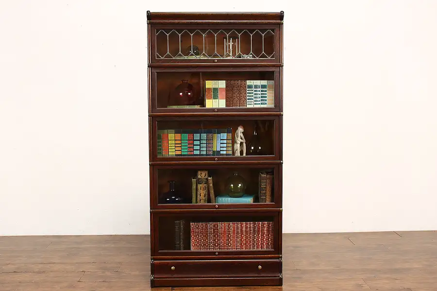 Main image of Lawyer Antique 5 Stack Oak Office Bookcase, Leaded Glass, Globe Wernicke