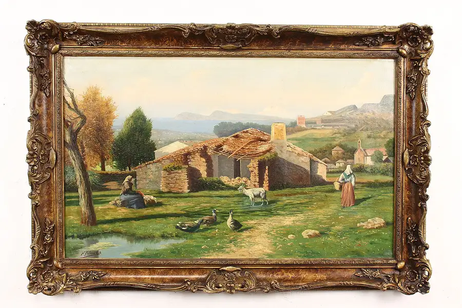 Main image of Farmhouse Ruin with Geese Antique Original Oil Painting, Palmarola 41"