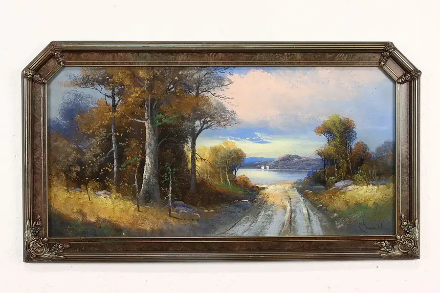 Main image of Autumn Forest & Lake Antique Original Pastel Painting, Chandler 31.5"