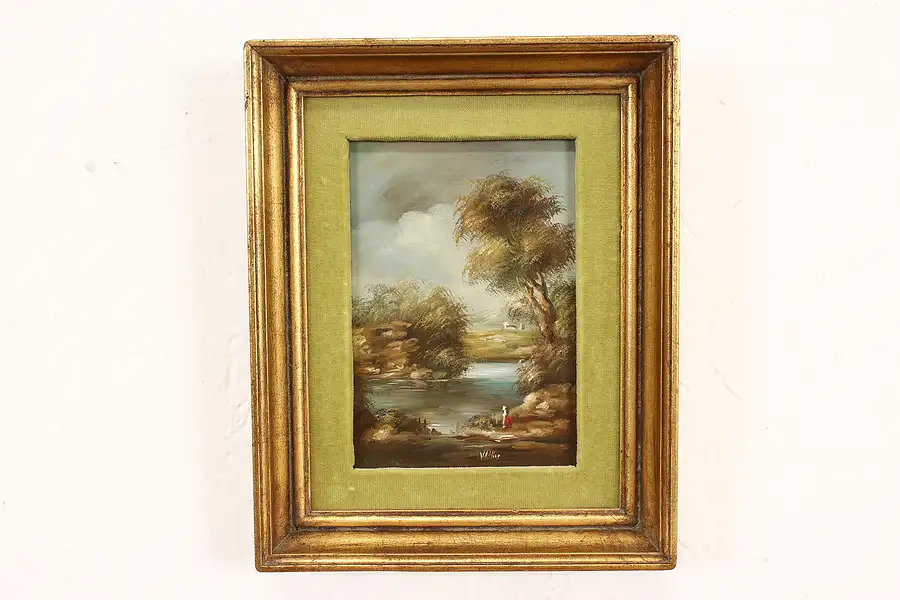 Main image of Woman on Riverbank Vintage Oil Painting, Wilkes 10"