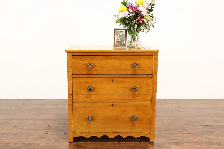 Main image of Farmhouse Tiger Curly Maple Antique 1840s Dresser or Chest, NIghtstand