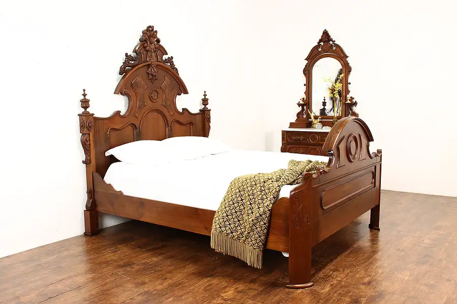 Main image of Victorian Renaissance Antique Walnut 2 Pc Bedroom Set, Marble, Queen Bed